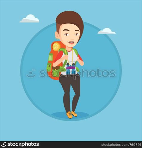 Caucasian traveler standing with backpack and binoculars. Traveler woman enjoying recreation time. Traveler during summer trip. Vector flat design illustration in the circle isolated on background.. Cheerful traveler with backpack.
