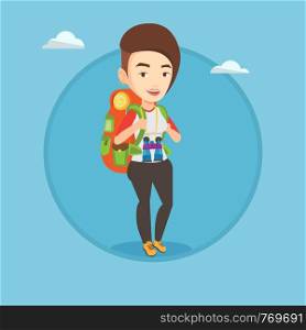 Caucasian traveler standing with backpack and binoculars. Traveler woman enjoying recreation time. Traveler during summer trip. Vector flat design illustration in the circle isolated on background.. Cheerful traveler with backpack.