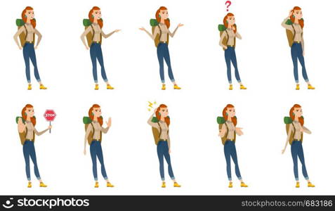 Caucasian traveler woman scratching head. Full length of thoughtful traveler scratching head. Puzzled traveler scratching her head. Set of vector flat design illustrations isolated on white background. Vector set of traveler characters.
