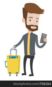 Caucasian traveling man with suitcase using mobile phone. Hipster traveling man standing with suitcase and looking at mobile phone. Vector flat design illustration isolated on white background.. Traveller with suitcase using mobile phone.
