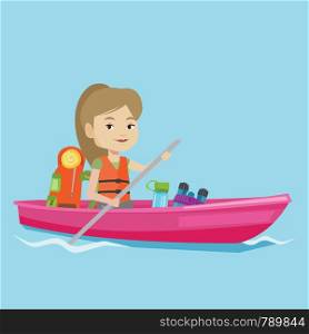 Caucasian traveling woman riding in a kayak on the river with skull in hands and some tourist equipment behind her. Happy kayaker traveling by kayak. Vector flat design illustration. Square layout.. Woman riding in kayak vector illustration.