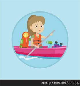 Caucasian traveling woman riding in a kayak on the river with skull in hands. Happy woman traveling by kayak during summer trip. Vector flat design illustration in the circle isolated on background.. Woman riding in kayak vector illustration.