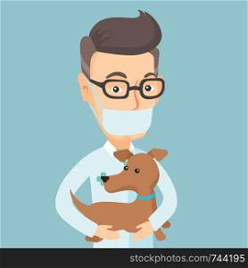 Caucasian veterinarian doctor holding dog. Veterinarian doctor in medical mask carrying a dod. Veterinarian doctor examining dog. Pet care concept. Vector flat design illustration. Square layout.. Veterinarian with dog in hands vector illustration