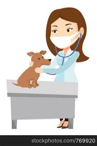 Caucasian veterinarian examining dog in hospital. Veterinarian checking heartbeat of a dog with stethoscope. Medicine and pet care concept. Vector flat design illustration isolated on white background. Veterinarian examining dog vector illustration.