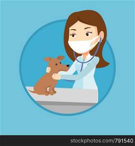 Caucasian veterinarian examining dog in hospital. Veterinarian checking heartbeat of a dog with stethoscope. Pet care concept. Vector flat design illustration in the circle isolated on background.. Veterinarian examining dog vector illustration.