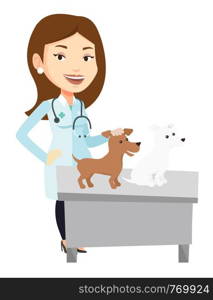 Caucasian veterinarian with stethoscope examining dogs in hospital. Veterinarian with dogs at vet clinic. Concept of medicine and pet care. Vector flat design illustration isolated on white background. Veterinarian examining dogs vector illustration.