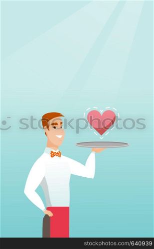 Caucasian waiter carrying a tray with a heart. Young waiter holding a restaurant tray with a heart. Concept of social network and communication. Vector flat design illustration. Vertical layout.. Waiter carrying a tray with a heart.