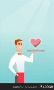 Caucasian waiter carrying a tray with a heart. Young waiter holding a restaurant tray with a heart. Concept of social network and communication. Vector flat design illustration. Vertical layout.. Waiter carrying a tray with a heart.