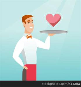 Caucasian waiter carrying a tray with a heart. Young smiling waiter holding a restaurant tray with a heart. Concept of social network and communication. Vector flat design illustration. Square layout.. Waiter carrying a tray with a heart.