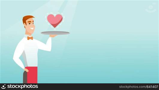 Caucasian waiter carrying a tray with a heart. Young waiter holding a restaurant tray with a heart. Concept of social network and communication. Vector flat design illustration. Horizontal layout.. Waiter carrying a tray with a heart.