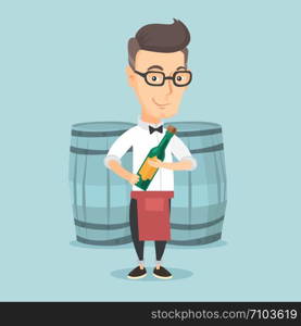 Caucasian waiter holding a bottle of wine. Waiter with bottle in hands standing on the background of wine barrels. Waiter presenting a wine bottle. Vector flat design illustration. Square layout.. Waiter holding bottle of alcohol.