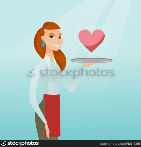 Caucasian waitress carrying a tray with a heart. Young waitress holding a restaurant tray with a heart. Concept of social network and communication. Vector flat design illustration. Square layout.. Waitress carrying a tray with a heart.