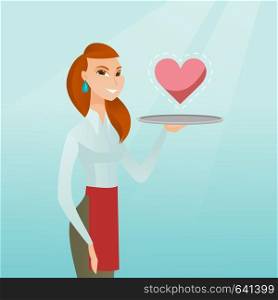 Caucasian waitress carrying a tray with a heart. Young waitress holding a restaurant tray with a heart. Concept of social network and communication. Vector flat design illustration. Square layout.. Waitress carrying a tray with a heart.