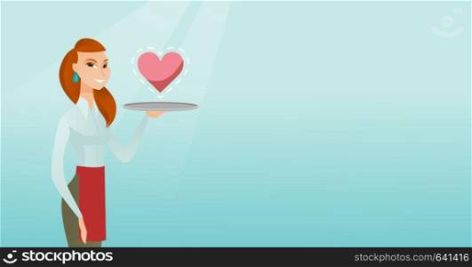 Caucasian waitress carrying a tray with a heart. Young waitress holding a restaurant tray with a heart. Concept of social network and communication. Vector flat design illustration. Horizontal layout.. Waitress carrying a tray with a heart.