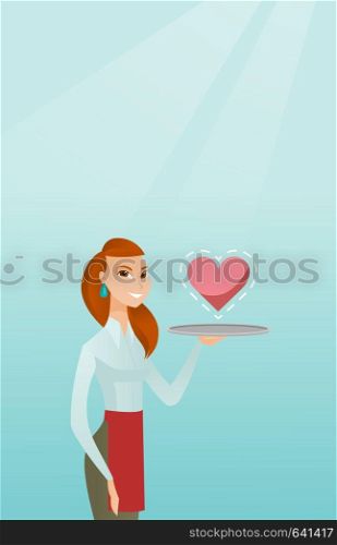 Caucasian waitress carrying a tray with a heart. Young waitress holding a restaurant tray with a heart. Concept of social network and communication. Vector flat design illustration. Vertical layout.. Waitress carrying a tray with a heart.