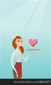 Caucasian waitress carrying a tray with a heart. Young waitress holding a restaurant tray with a heart. Concept of social network and communication. Vector flat design illustration. Vertical layout.. Waitress carrying a tray with a heart.
