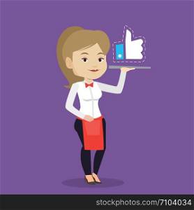 Caucasian waitress carrying tray with social network like button. Waitress holding restaurant tray with like button. Waitress with social network button. Vector flat design illustration. Square layout. Waitress with like button vector illustration.