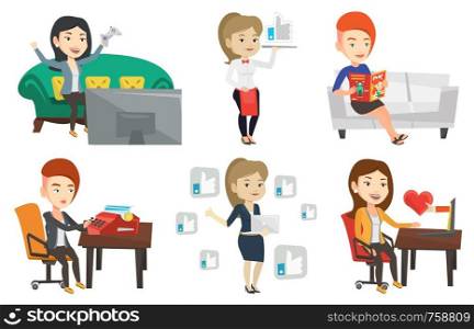 Caucasian waitress carrying tray with social network like button. Young waitress holding restaurant tray with like button. Set of vector flat design illustrations isolated on white background.. Vector set of media people characters.