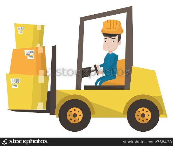 Caucasian warehouse worker loading cardboard boxes. Forklift driver at work in storehouse. Warehouse worker driving forklift at warehouse. Vector flat design illustration isolated on white background.. Warehouse worker moving load by forklift truck.