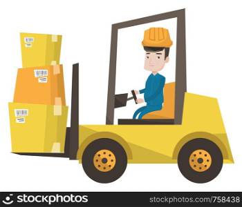Caucasian warehouse worker loading cardboard boxes. Forklift driver at work in storehouse. Warehouse worker driving forklift at warehouse. Vector flat design illustration isolated on white background.. Warehouse worker moving load by forklift truck.