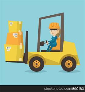 Caucasian warehouse worker loading cardboard boxes. Forklift driver at work in storehouse. Warehouse worker in hard hat driving forklift at warehouse. Vector flat design illustration. Square layout.. Warehouse worker moving load by forklift truck.