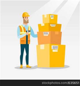 Caucasian warehouse worker scanning barcode on box. Warehouse worker checking barcode of box with a scanner. Warehouse worker in hard hat with scanner. Vector flat design illustration. Square layout.. Warehouse worker scanning barcode on box.