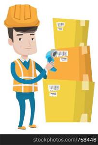 Caucasian warehouse worker scanning barcode on box. Warehouse worker checking barcode of box with a scanner. Warehouse worker at work. Vector flat design illustration isolated on white background.. Warehouse worker scanning barcode on box.