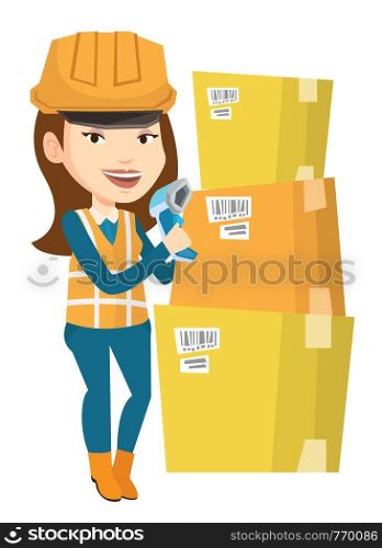 Caucasian warehouse worker scanning barcode on box. Warehouse worker checking barcode of box with a scanner. Warehouse worker with scanner. Vector flat design illustration isolated on white background. Warehouse worker scanning barcode on box.