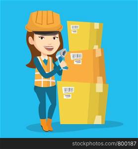 Caucasian warehouse worker scanning barcode on box. Warehouse worker checking barcode of box with a scanner. Warehouse worker in hard hat with scanner. Vector flat design illustration. Square layout.. Warehouse worker scanning barcode on box.