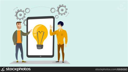 Caucasian white and asian business men pointing at idea light bulb on the tablet during brainstorming session. Brainstorming and creative idea concept. Vector cartoon illustration. Horizontal layout.. Young caucasian white business team brainstorming.