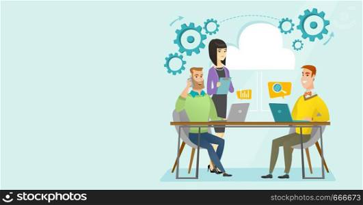 Caucasian white and asian business people using laptop computers, talking on mobile phone in office under cloud. Office life and cloud computing concept. Vector cartoon illustration. Horizontal layout. Multiethnic people working in office under cloud.