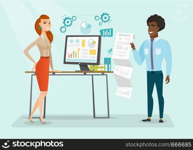 Caucasian white business woman and african-american businessman using computer and paper to give a business presentation. Business presentation concept. Vector cartoon illustration. Horizontal layout.. Multiethnic business people giving presentation.