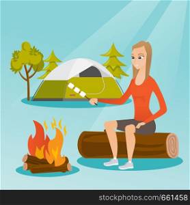 Caucasian white girl roasting marshmallows over campfire on the background of camping site with a tent. Girl sitting near campfire and roasting marshmallows. Vector cartoon illustration. Square layout. Caucasian girl roasting marshmallow over campfire.