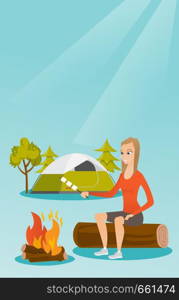 Caucasian white girl roasting marshmallows over campfire on the background of camping site with tent. Girl sitting near campfire and roasting marshmallows. Vector cartoon illustration. Vertical layout. Caucasian girl roasting marshmallow over campfire.