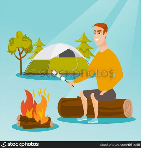 Caucasian white man roasting marshmallows over campfire on the background of camping site with a tent. Man sitting near campfire and roasting marshmallows. Vector cartoon illustration. Square layout.. Caucasian man roasting marshmallow over campfire.