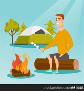 Caucasian white man roasting marshmallows over campfire on the background of camping site with a tent. Man sitting near campfire and roasting marshmallows. Vector cartoon illustration. Square layout.. Caucasian man roasting marshmallow over campfire.