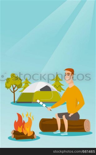 Caucasian white man roasting marshmallows over campfire on the background of camping site with a tent. Man sitting near campfire and roasting marshmallows. Vector cartoon illustration. Vertical layout. Caucasian man roasting marshmallow over campfire.
