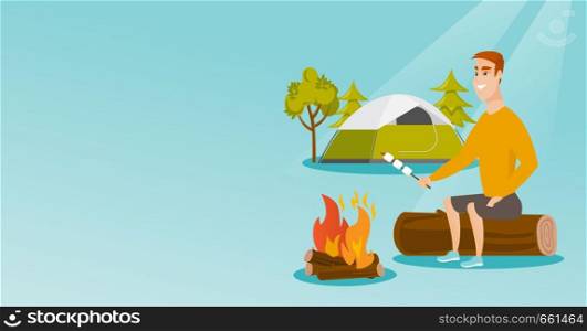 Caucasian white man roasting marshmallows over campfire on the background of camping site with tent. Man sitting near campfire and roasting marshmallows. Vector cartoon illustration. Horizontal layout. Caucasian man roasting marshmallow over campfire.