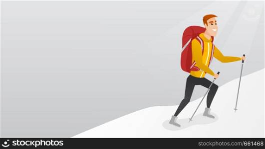 Caucasian white mountaineer climbing a ridge with help of hiking poles. Young mountaineer with a backpack and trekking poles walking up along a ridge. Vector cartoon illustration. Horizontal layout.. Caucasian mountaineer climbing a snowy ridge.