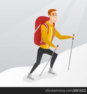 Caucasian white mountaineer climbing a snowy ridge with help of hiking poles. Young mountaineer with a backpack and trekking poles walking up along a ridge. Vector cartoon illustration. Square layout.. Caucasian mountaineer climbing a snowy ridge.