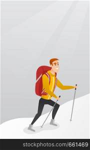 Caucasian white mountaineer climbing a snowy ridge with help of hiking poles. Young mountaineer with a backpack and trekking poles walking up along ridge. Vector cartoon illustration. Vertical layout.. Caucasian mountaineer climbing a snowy ridge.