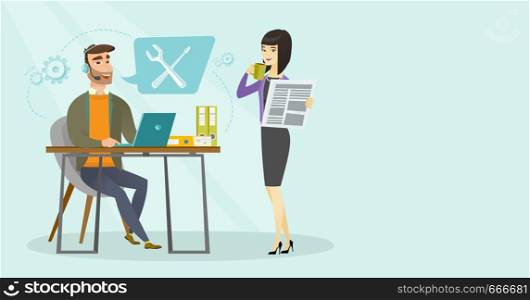 Caucasian white operator of technical support in headphones working on computer and asian woman with cup of coffee and newspaper standing nearby. Technical support concept. Vector cartoon illustration. Young caucasian white technical support operator.