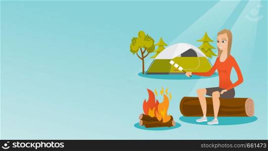 Caucasian white woman roasting marshmallows over campfire on the background of camping site. Woman sitting near campfire and roasting marshmallows. Vector cartoon illustration. Horizontal layout.. Caucasian girl roasting marshmallow over campfire.