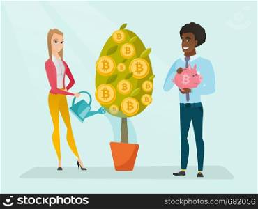 Caucasian white woman watering tree with tokens and afriacn man holding piggy bank with bitcoin symbol. Investment and profit in blockchain network technology, ICO concept. Vector cartoon illustration. Business woman watering tree with bitcoin coins.