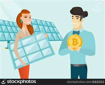 Caucasian white worker of solar power plant holding solar panel and young asian man standing nearby with a bitcoin coin. Investment of cryptocurrency in green technology. Vector cartoon illustration.. Businessman investing bitcoin in green technology.
