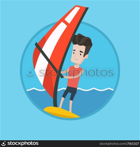Caucasian windsurfer windsurfing on board with sail. Windsurfer standing on board with sail for surfing. Man learning to windsurf. Vector flat design illustration in the circle isolated on background.. Young man windsurfing in the sea.