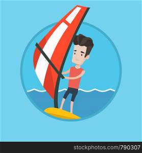 Caucasian windsurfer windsurfing on board with sail. Windsurfer standing on board with sail for surfing. Man learning to windsurf. Vector flat design illustration in the circle isolated on background.. Young man windsurfing in the sea.