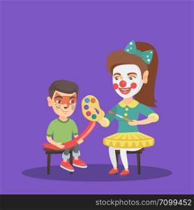 Caucasian woman animator painting the face of a little boy for a party. Animator drawing a cat makeup on the face of a boy. Children holiday, party concept. Vector cartoon illustration. Square layout.. Woman animator painting the face of a boy.