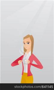 Caucasian woman breaking the cigarette. Young man crushing cigarette. Woman holding broken cigarette. Concept of quit smoking and healthy lifestyle. Vector flat design illustration. Vertical layout.. Young woman quitting smoking vector illustration.