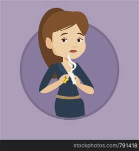 Caucasian woman breaking the cigarette. Young woman crushing cigarette. Sad woman holding broken cigarette. Quit smoking concept. Vector flat design illustration in the circle isolated on background.. Young woman quitting smoking vector illustration.